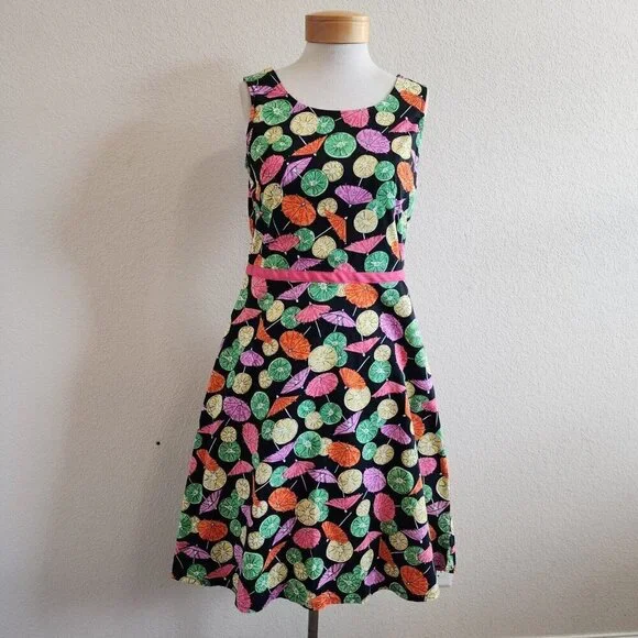 Vintage Requirements Cocktail Umbrella Lemon Lime Novelty Fit Flare Dress 8/S - Picture 2 of 11